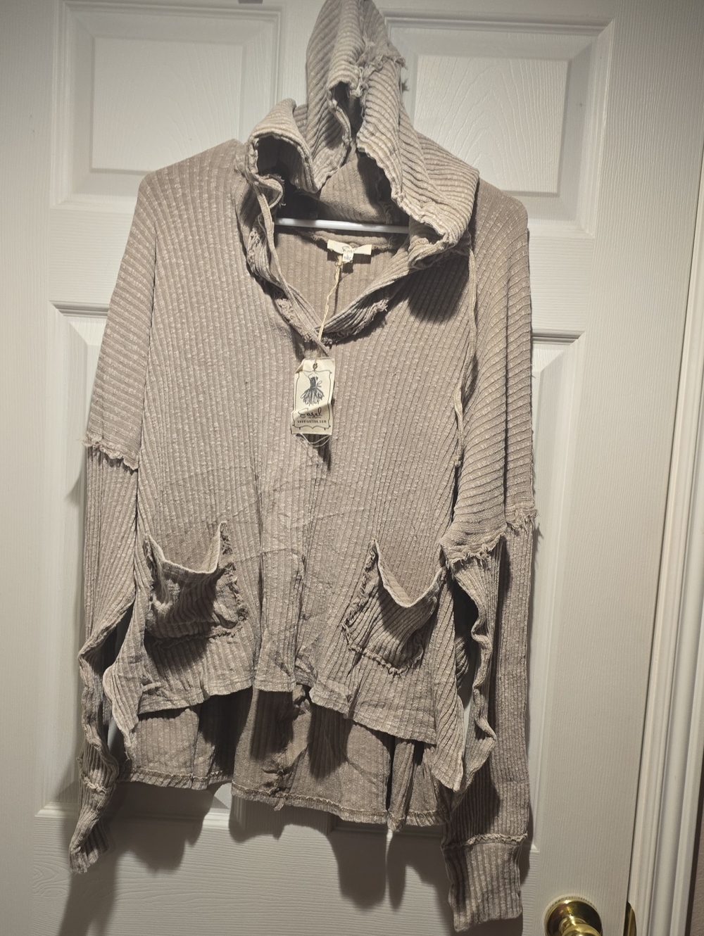 Easel Taupe Raw Edge Hoodie With Front Pockets.